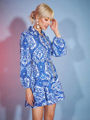 Women Blue Floral Flared Skater Dress