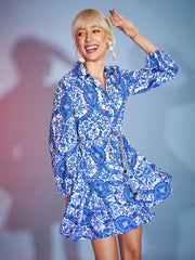 Women Blue Floral Flared Skater Dress