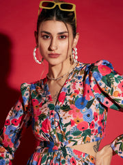 Women Multi Floral Waist Cut-Out Maxi Dress