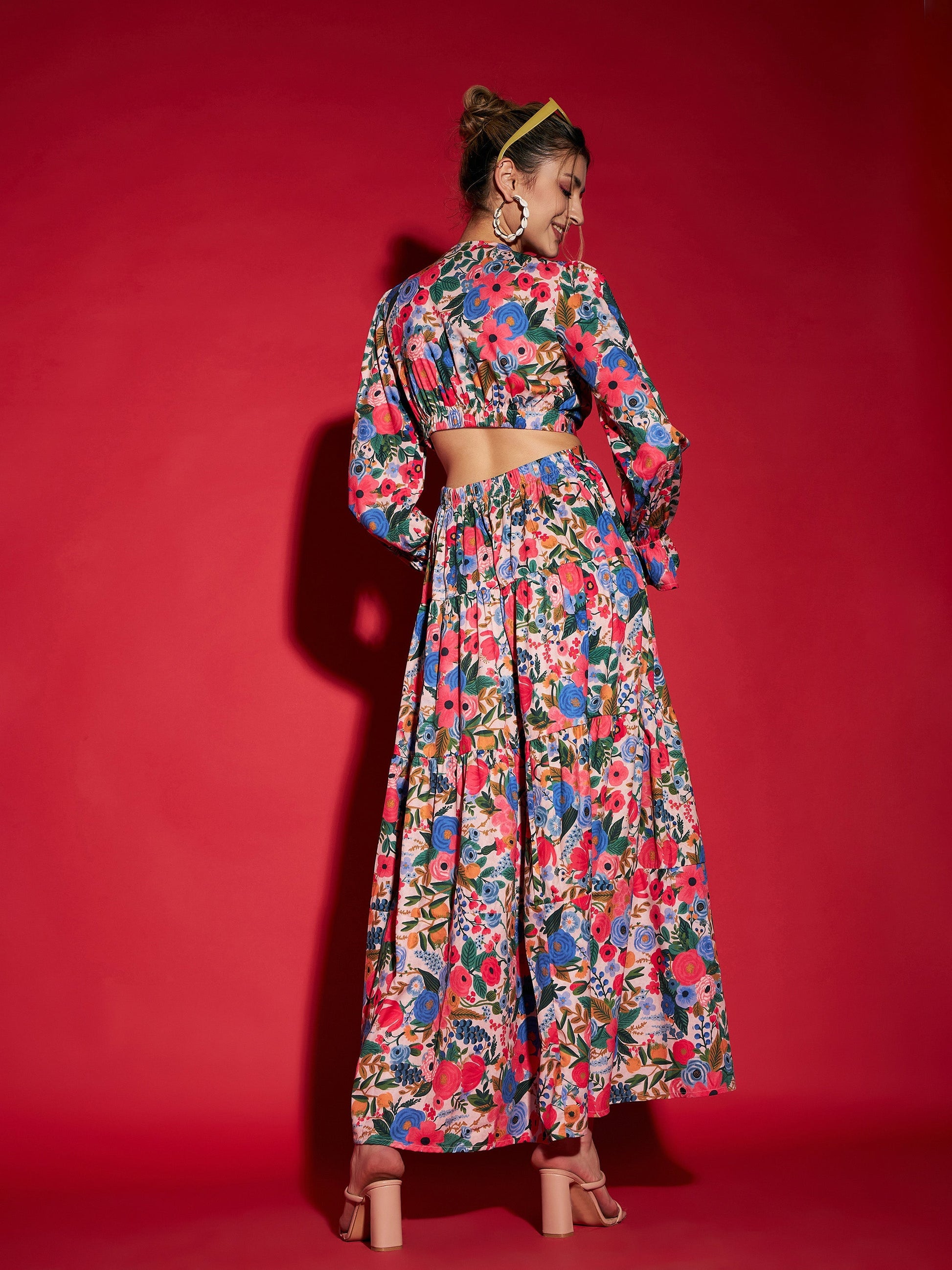women multi floral waist cut out maxi dress sfdrss11362