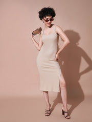 Women Beige Rib Side Slit Bodycon Dress