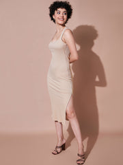 Women Beige Rib Side Slit Bodycon Dress