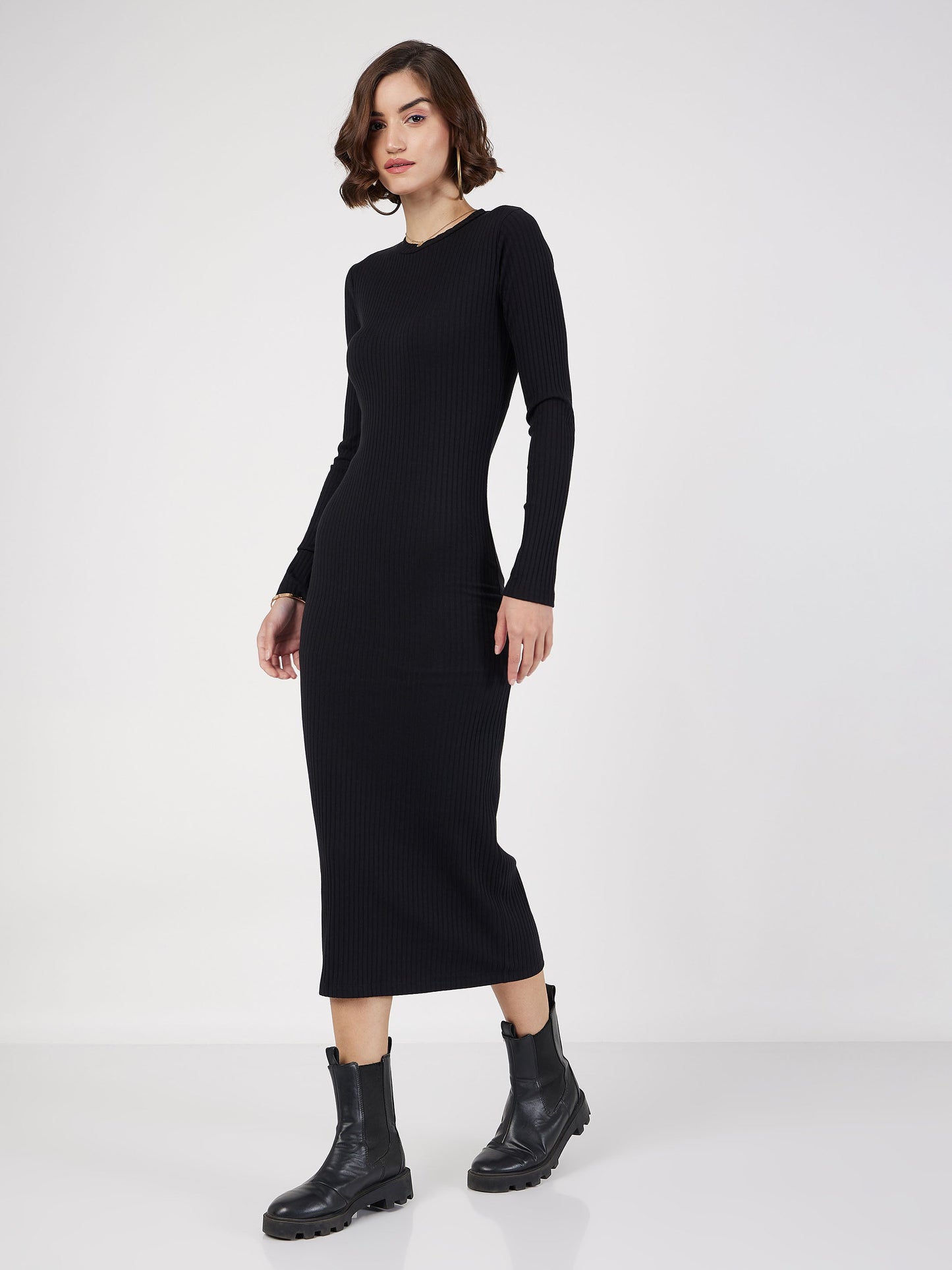 women black rib bodycon midi dress sfdrss11578