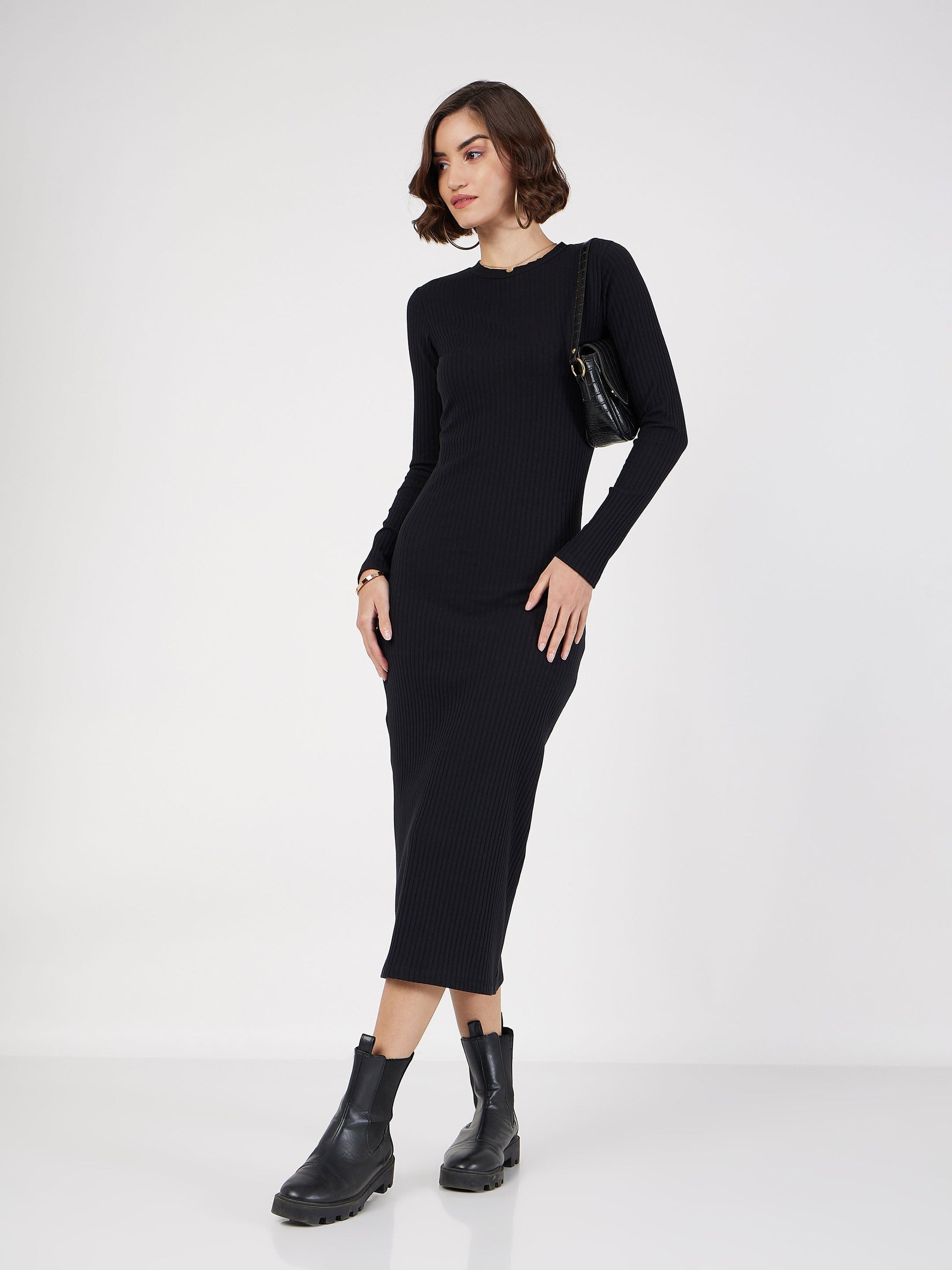 women black rib bodycon midi dress sfdrss11578
