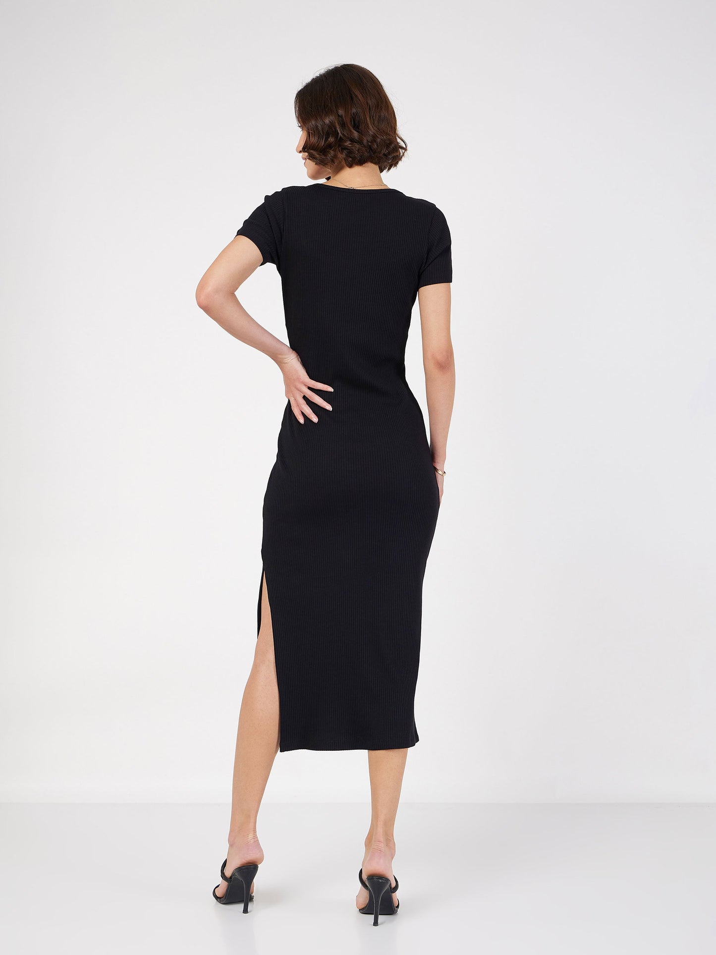 women black rib v neck midi dress sfdrss11596