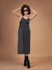 Women Dark Grey Front Pockets Parachute Dungaree Dress