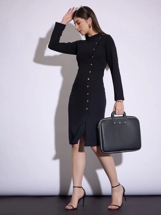 SASSAFRAS worklyf - Women Front Button Bodycon Midi Dress