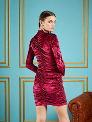 Sassafras - Women Red Velvet Ruched Short Bodycon Dress