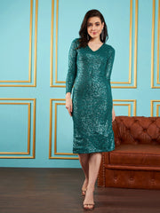 Sassafras - Women Green Sequin V-Neck Midi Dress