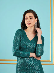 Sassafras - Women Green Sequin V-Neck Midi Dress