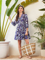 Sassafras - Women Purple Floral Shawl Collar Tiered Dress