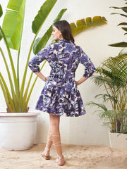 Sassafras - Women Purple Floral Shawl Collar Tiered Dress