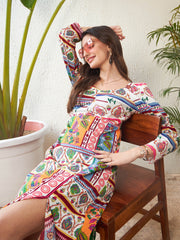SASSAFRAS-Women Multi Patch Printed Sweetheart Neck Midi Dress