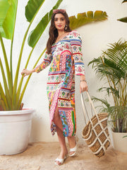 SASSAFRAS-Women Multi Patch Printed Sweetheart Neck Midi Dress