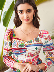 SASSAFRAS-Women Multi Patch Printed Sweetheart Neck Midi Dress