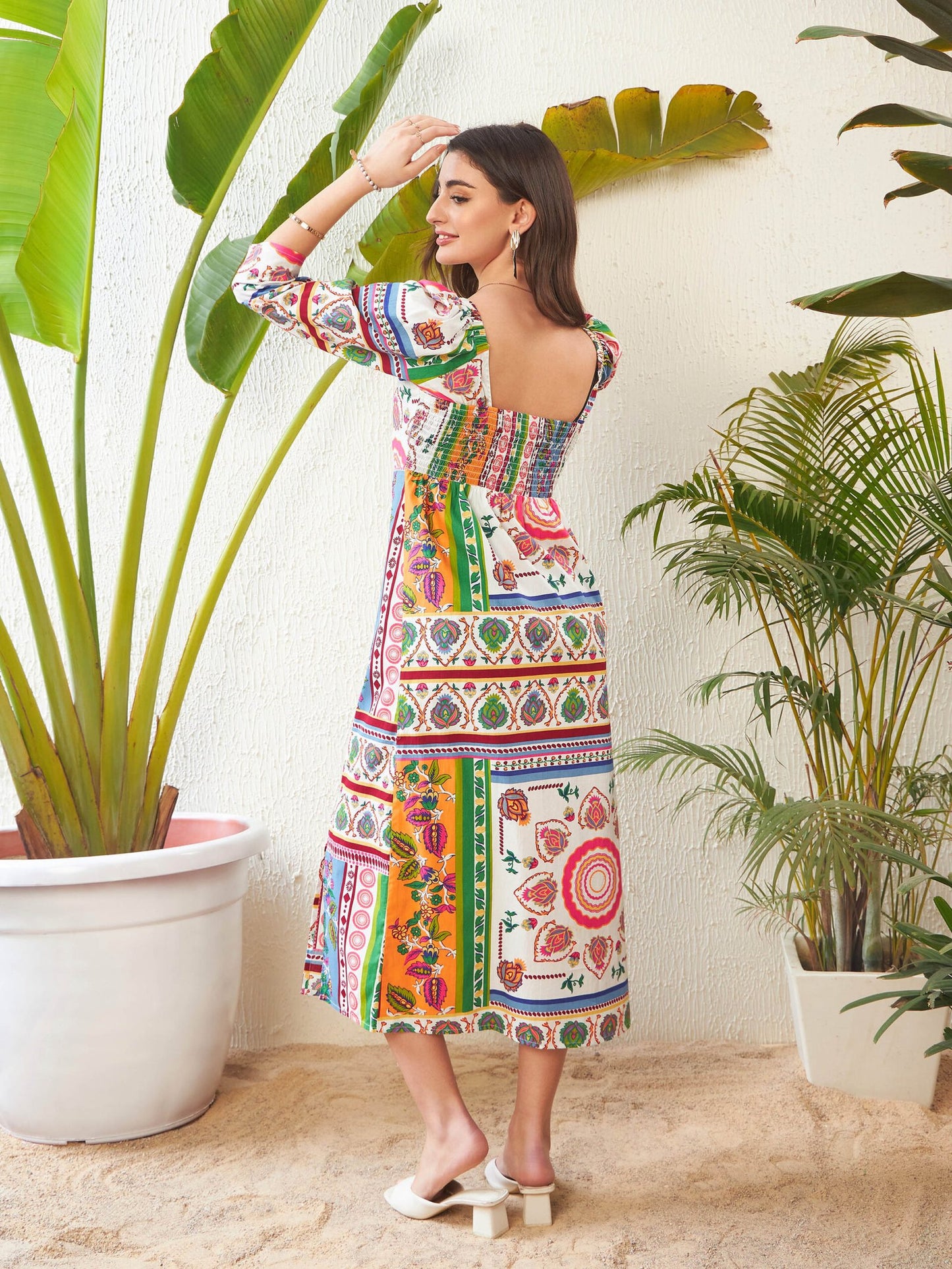 SASSAFRAS - Women Multi Patch Printed Sweetheart Neck Midi Dress