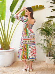SASSAFRAS-Women Multi Patch Printed Sweetheart Neck Midi Dress