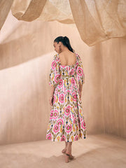 Pink Paprika By SASSAFRAS - Women Pink Ikat Front Button Self Belt Tiered Midi Dress
