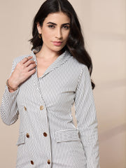 Women Green Striped Double Breasted Blazer Dress