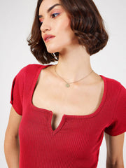 Women Red Rib V-Neck Midi Dress