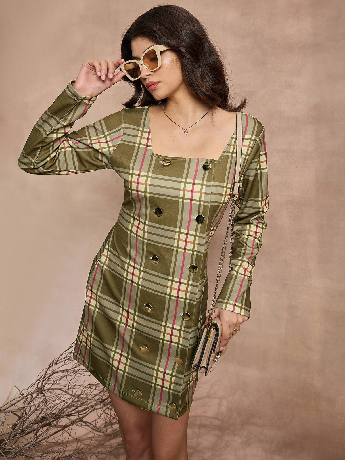 Women Green Check Front Button Short Dress