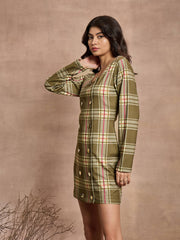 Women Green Check Front Button Short Dress
