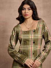 Women Green Check Front Button Short Dress