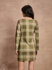 Women Green Check Front Button Short Dress