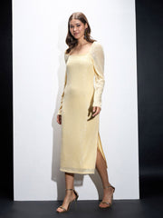 Women Yellow Sequin Square Neck Midi Dress