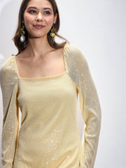Women Yellow Sequin Square Neck Midi Dress