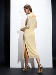 Women Yellow Sequin Square Neck Midi Dress