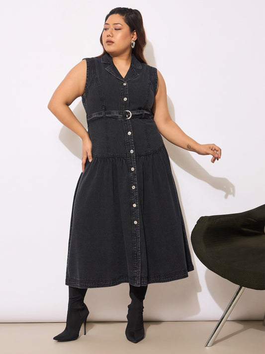Women Black Tencel Front Open Sleeveless Flared Dress