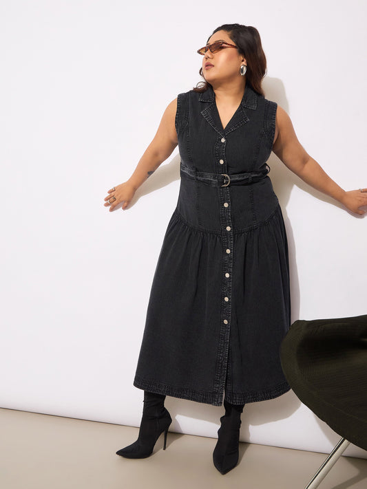 Women Black Tencel Front Open Sleeveless Flared Dress