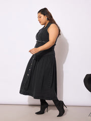 Women Black Tencel Front Open Sleeveless Flared Dress