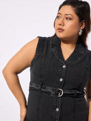 Women Black Tencel Front Open Sleeveless Flared Dress