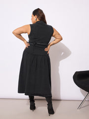 Women Black Tencel Front Open Sleeveless Flared Dress