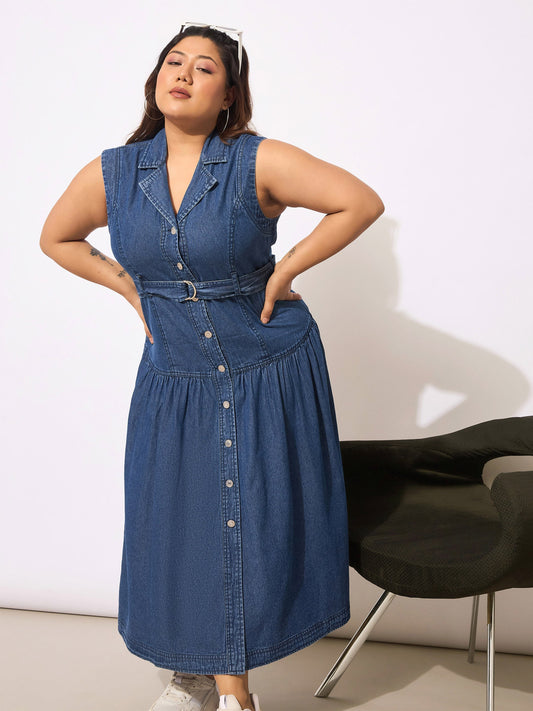 Women Navy Tencel Front Open Sleeveless Flared Dress
