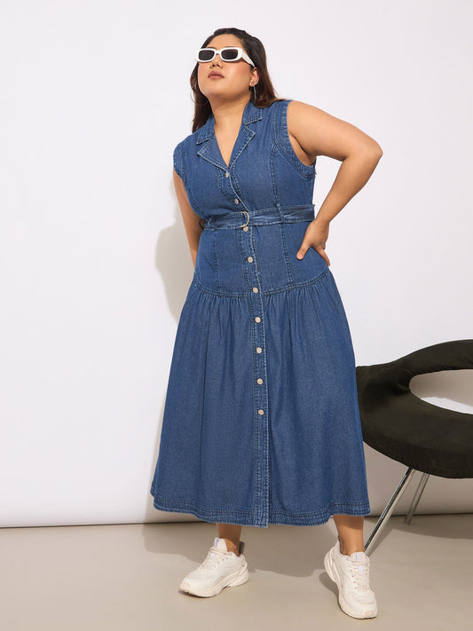 Women Navy Tencel Front Open Sleeveless Flared Dress