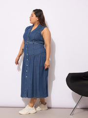 Women Navy Tencel Front Open Sleeveless Flared Dress