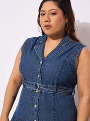 Women Navy Tencel Front Open Sleeveless Flared Dress