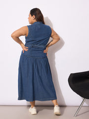 Women Navy Tencel Front Open Sleeveless Flared Dress