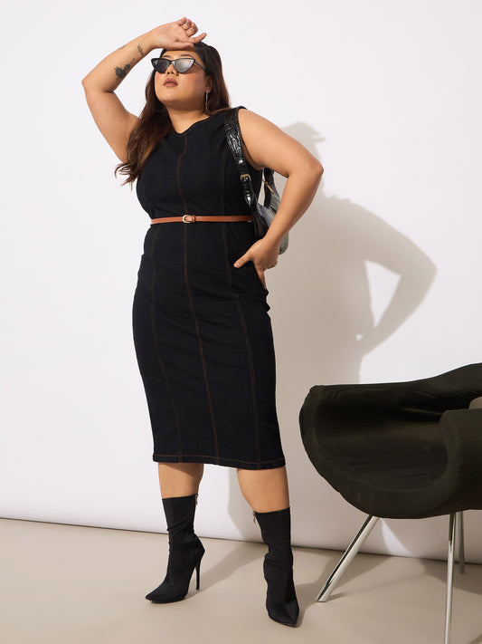 Women Black Denim Sleeveless Belted Bodycon Dress