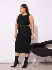 Women Black Denim Sleeveless Belted Bodycon Dress