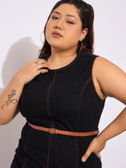 Women Black Denim Sleeveless Belted Bodycon Dress