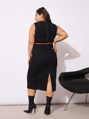 Women Black Denim Sleeveless Belted Bodycon Dress