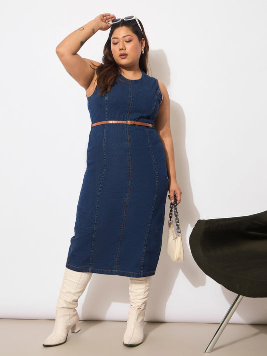 Women Navy Denim Sleeveless Belted Bodycon Dress