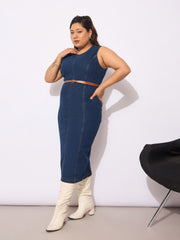 Women Navy Denim Sleeveless Belted Bodycon Dress