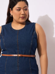 Women Navy Denim Sleeveless Belted Bodycon Dress