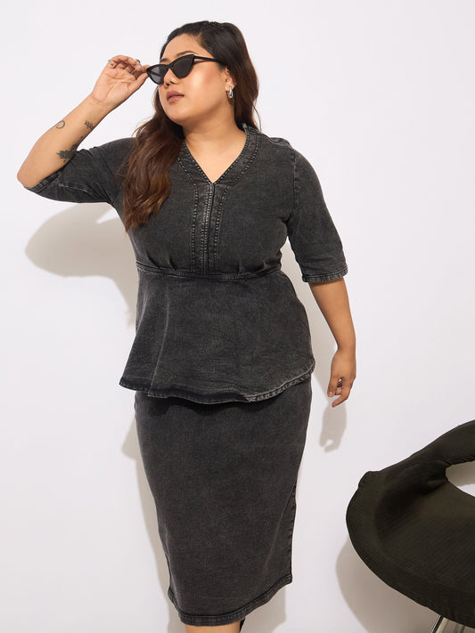 Women Black Denim V Neck Front Peplum Dress