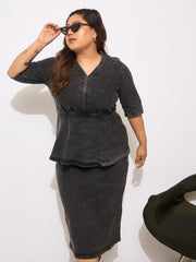 Women Black Denim V Neck Front Peplum Dress